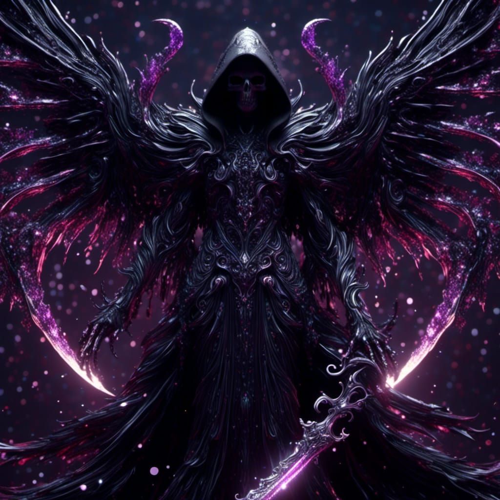 Gothic Grim Reaper with Sparkling Scythe in Dark Ink Style