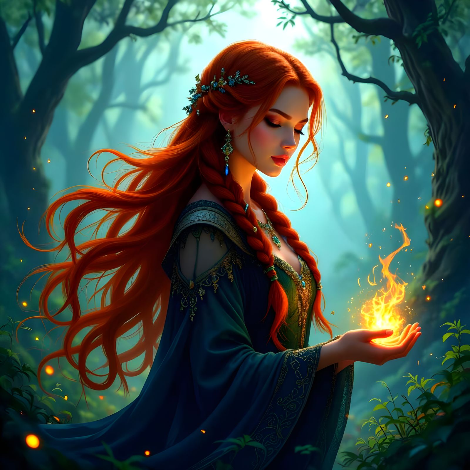Enchanting Sorceress in Mystical Forest, Fantasy Art