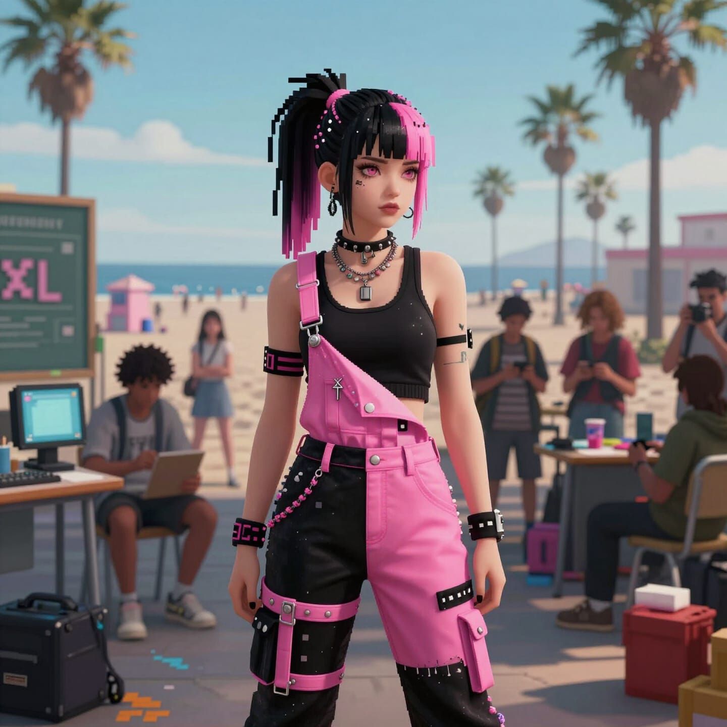 Punk Girl in Pixel Art Studio, Venice Beach Cinematic Still