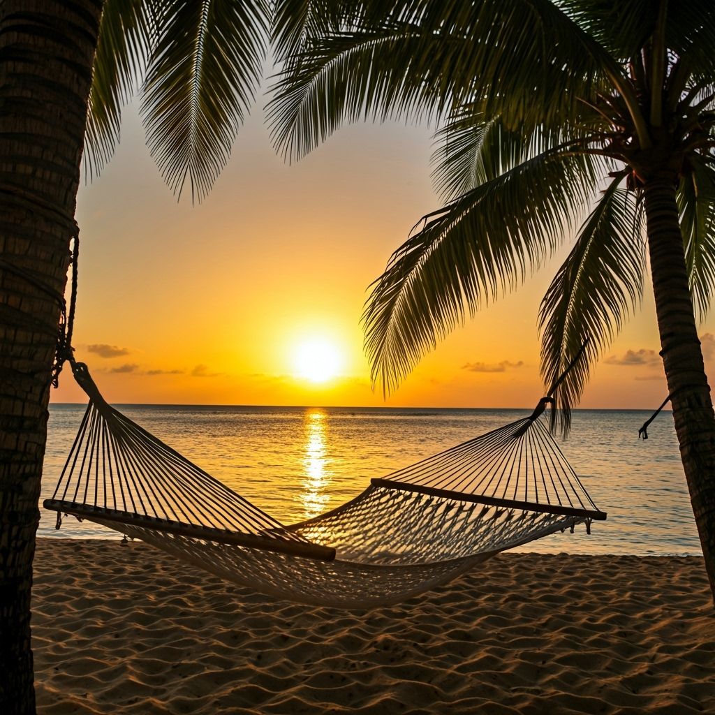 Hammock Swaying Between Palm Trees at Sunset