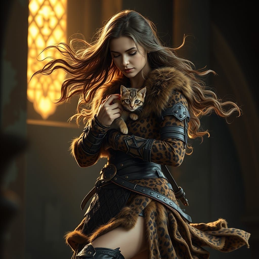 Hyperrealistic Warrior Queen with Kitten in Intricate Armor