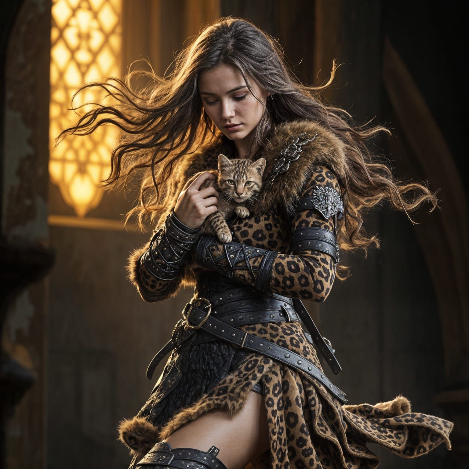 Warrior Queen With Kitten in Leopard Armor