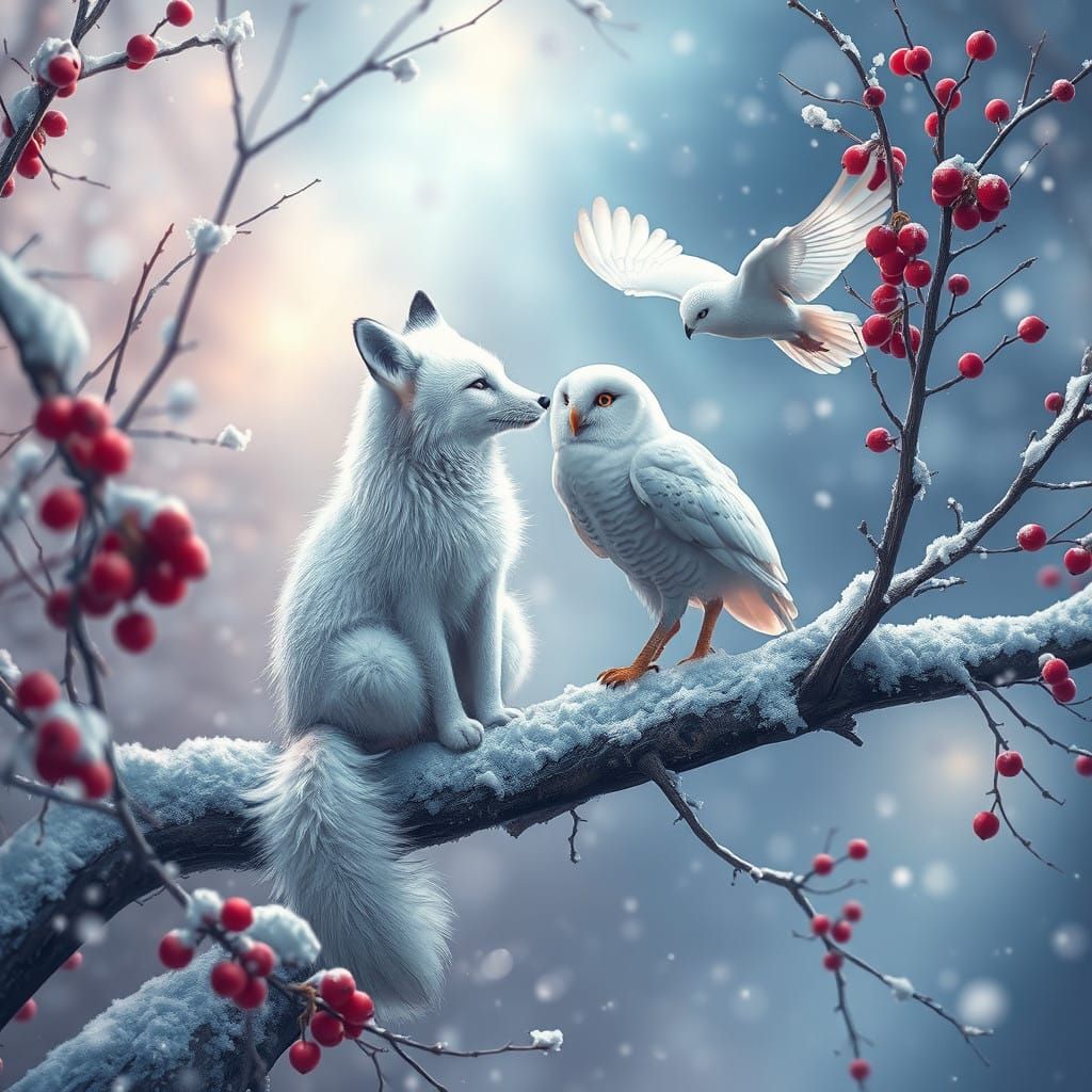 Winter Foxes Share Intimate Moment with Celestial Owl