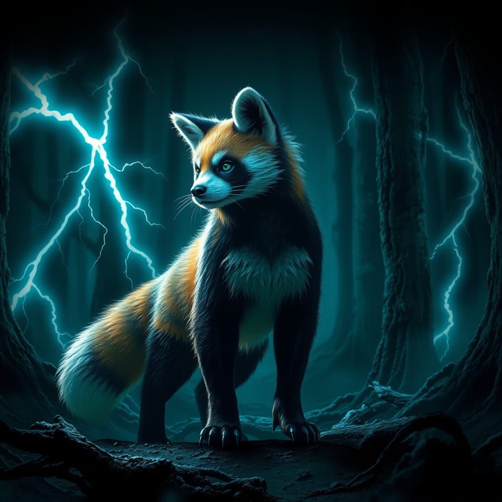Panda Fox Hybrid in Lightning-Striken Dark Forest