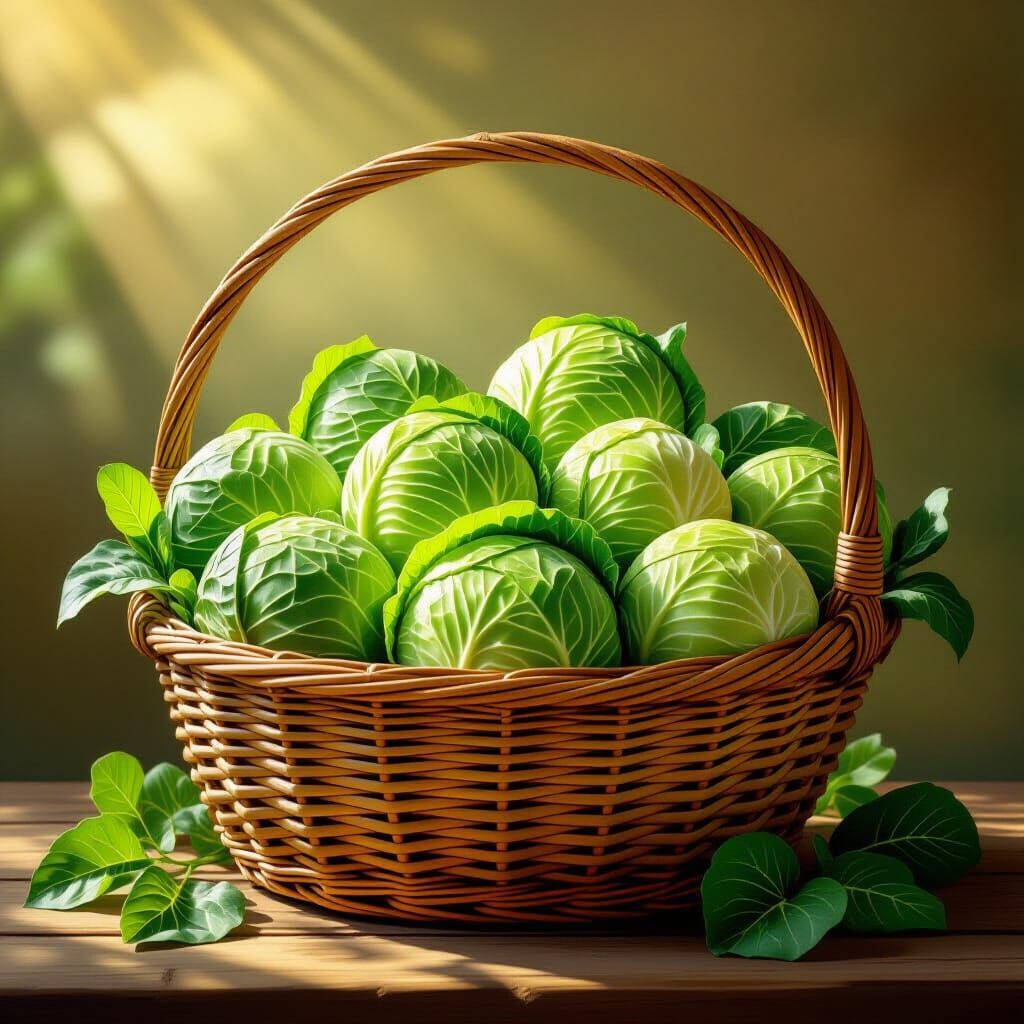 Overflowing Bamboo Basket of Fresh Cabbages