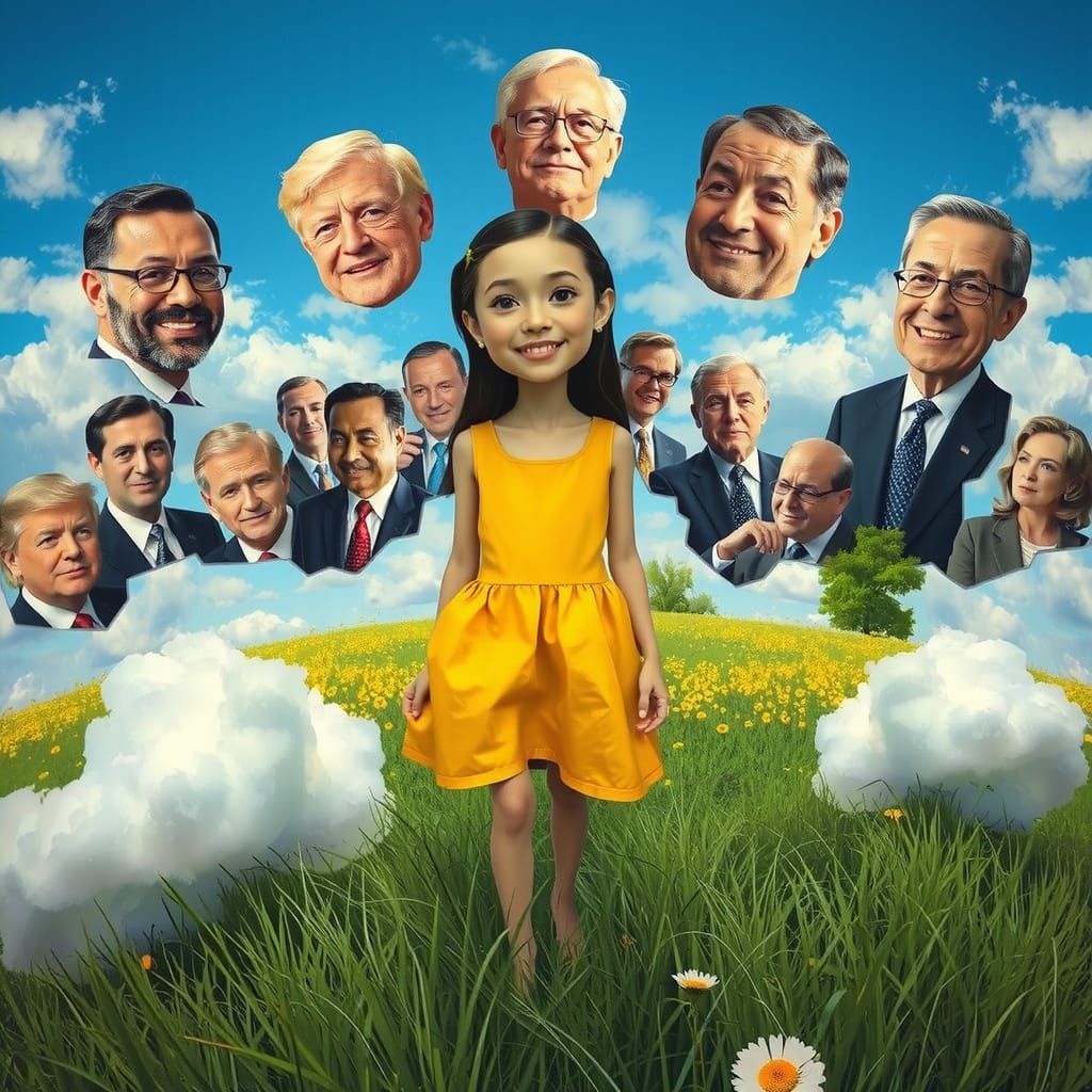 Smiling Person in Surreal Political Landscape