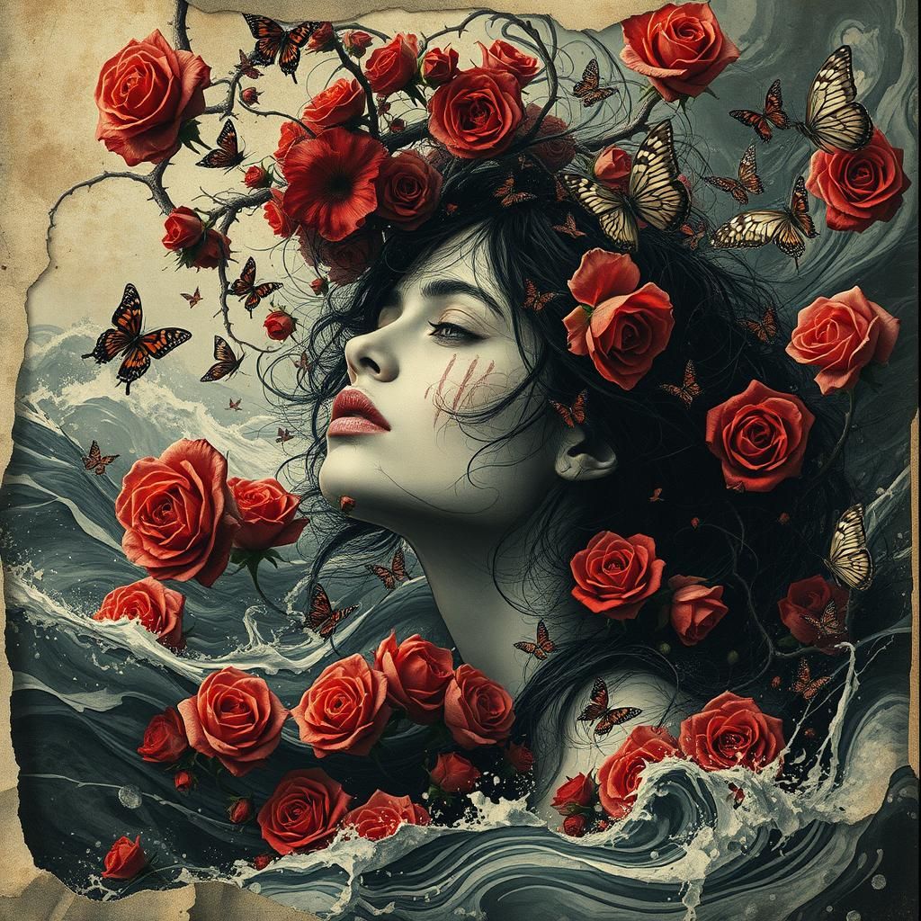 Surreal Distraught Woman in Thorny Dreamscape