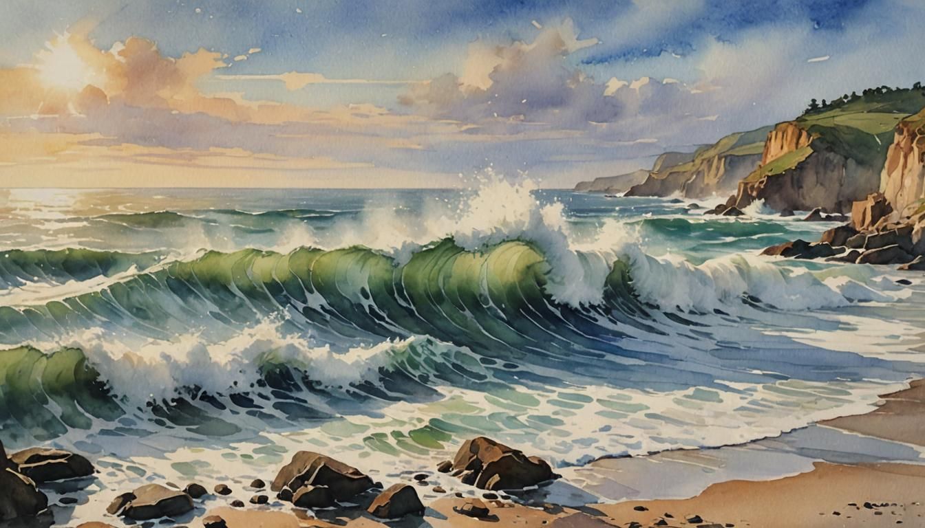 Watercolor Seascape with Crashing Waves