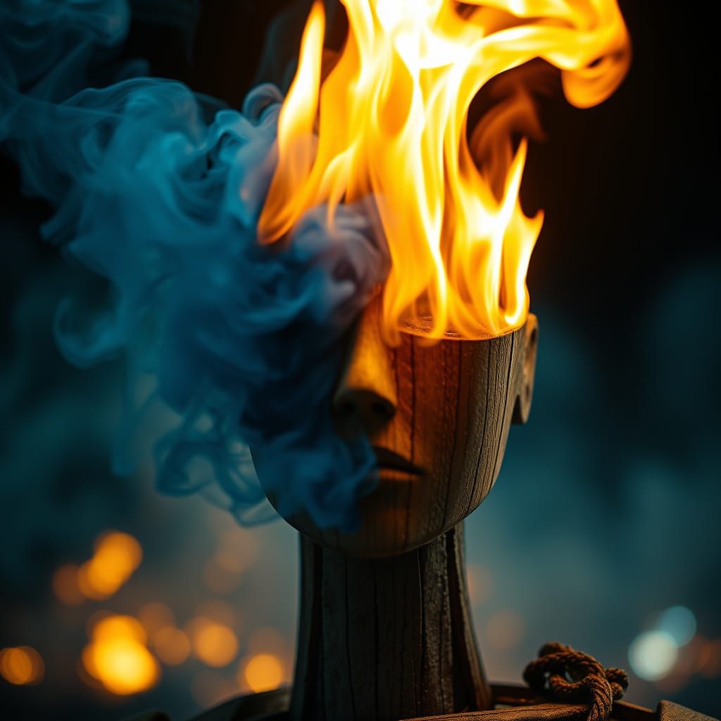 Surreal Burning Construction Site and Wooden Head