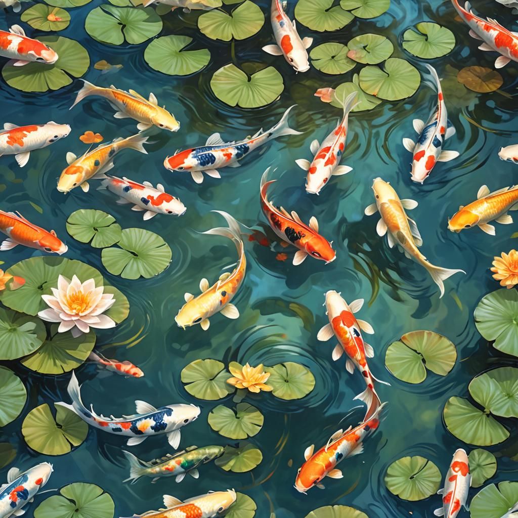 Colorful Koi Fish in Japanese Pond: Oil Painting