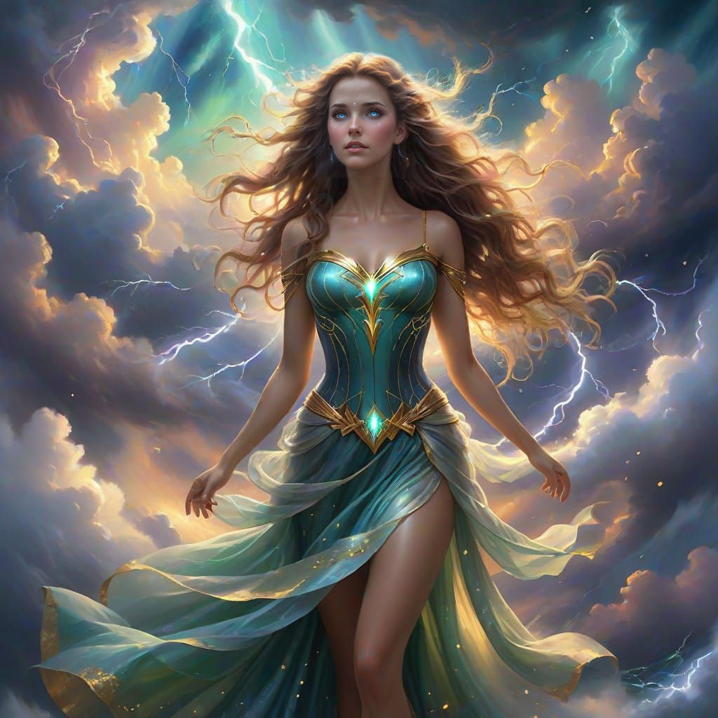 Ethereal Goddess Reigns Above the Stormy Skies