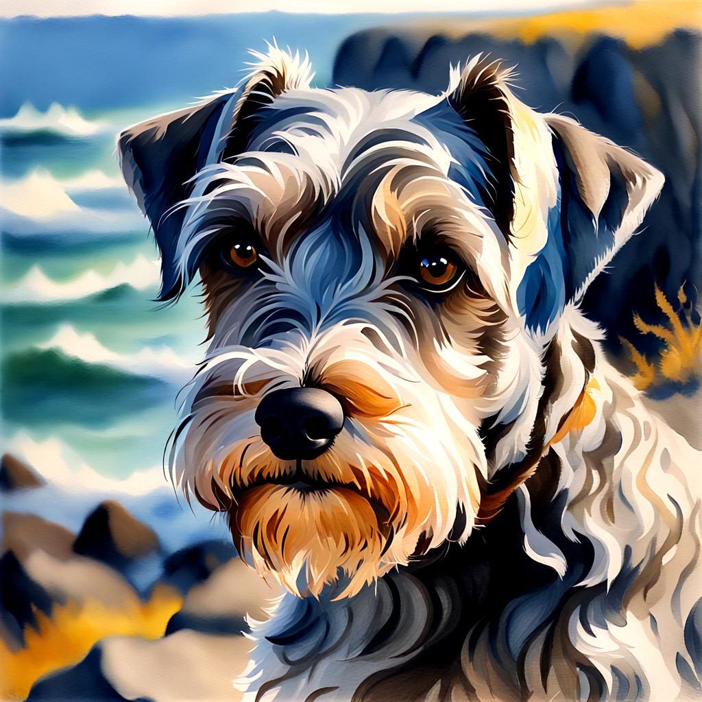 Mini Schnauzer on Cliff in Watercolour Painting