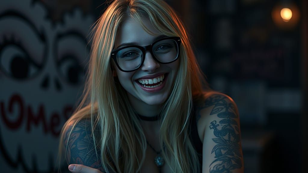 Laughing Goth Woman with Tattoos in Cinematic Lighting