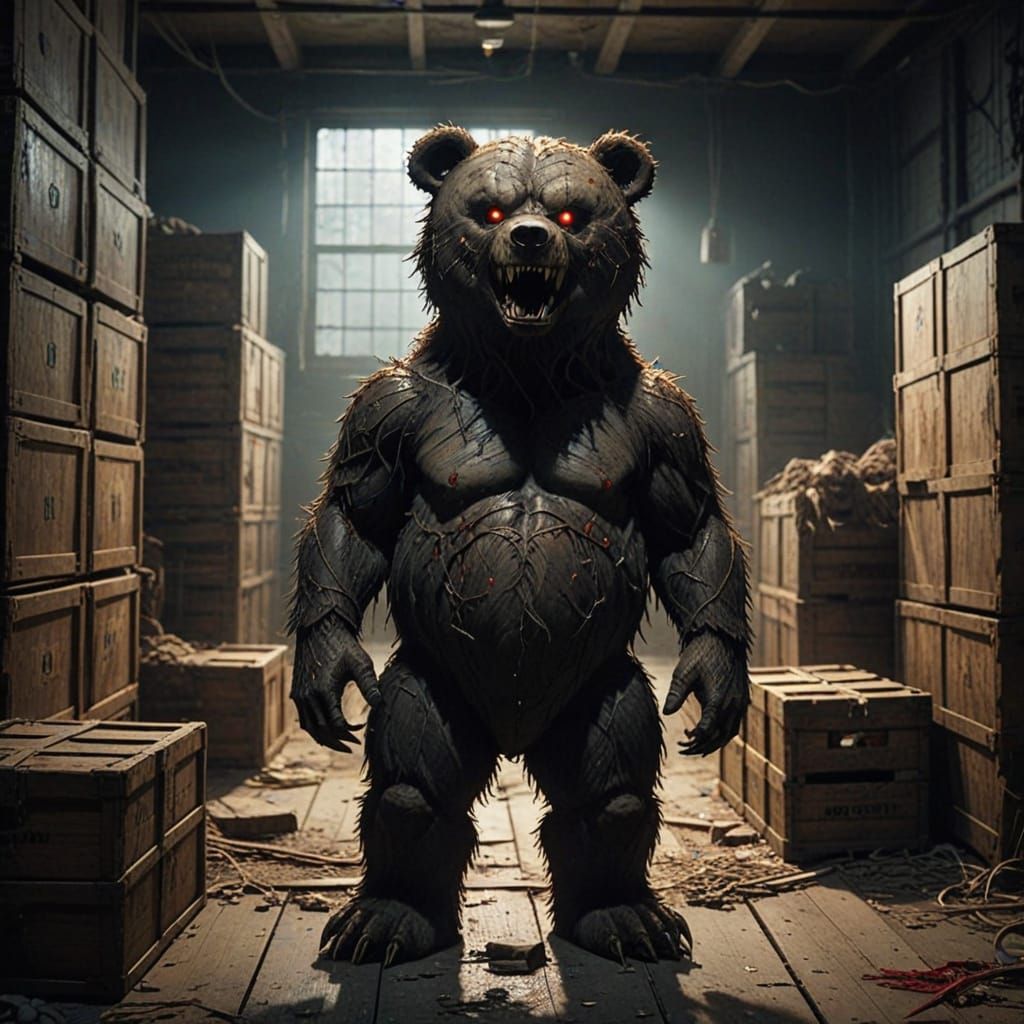 Demonic Teddy Bear in Dark Fantasy Warehouse