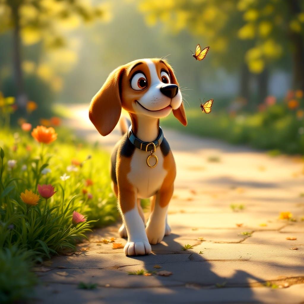 Whimsical Disney-Inspired Beagle Strolls Through Sunny Park