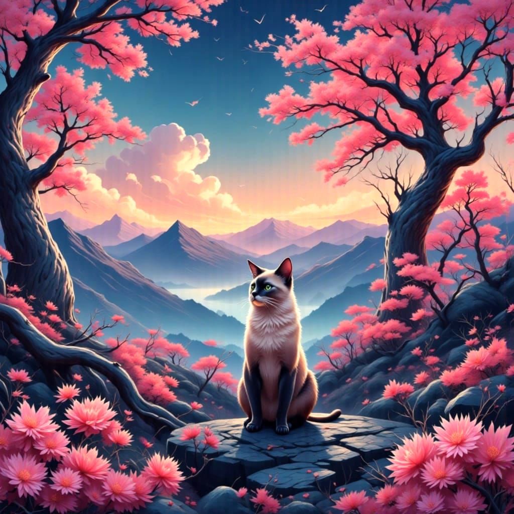 Elegant Siamese Cat in Surreal Japanese Landscape