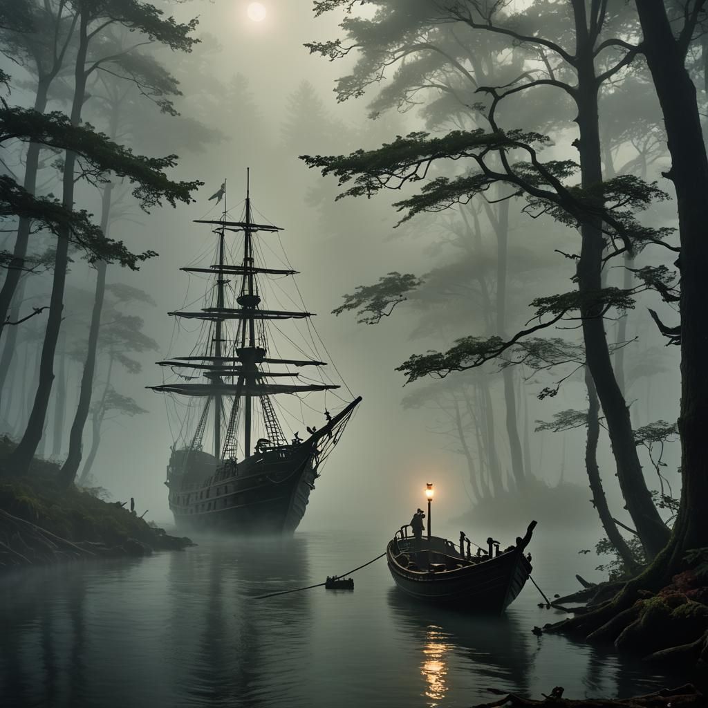 Eerie Pirate Ship Drifting Through Misty Forest