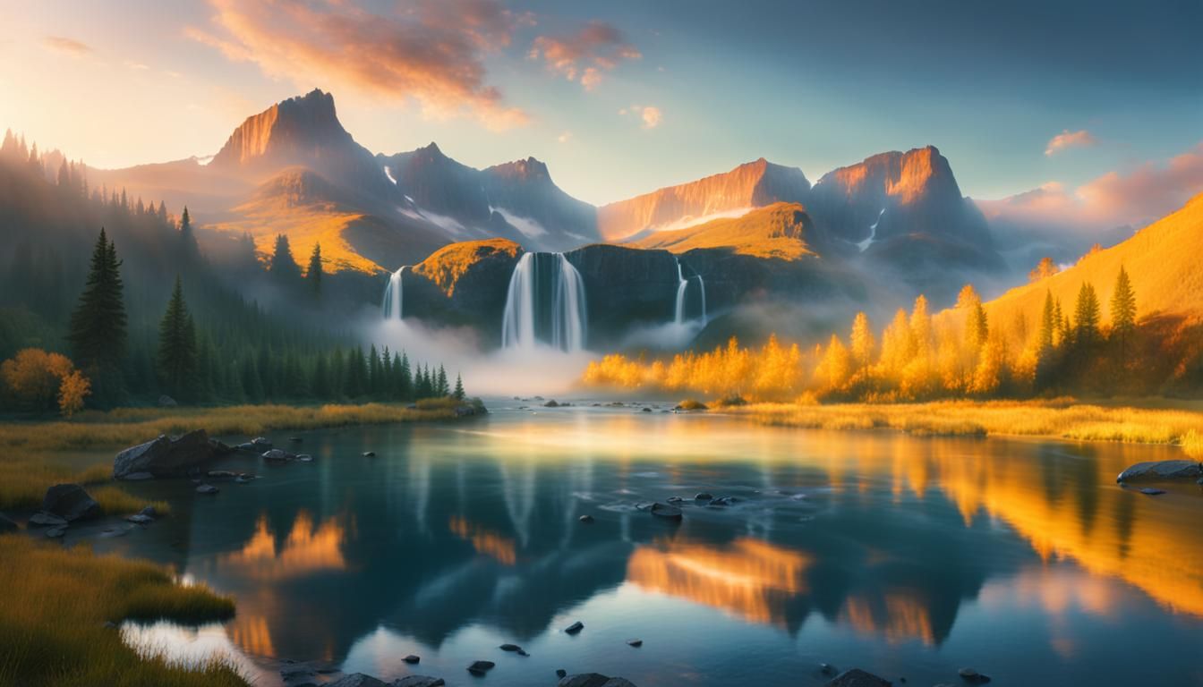 Serene Waterfall Landscape in Golden Hour Light