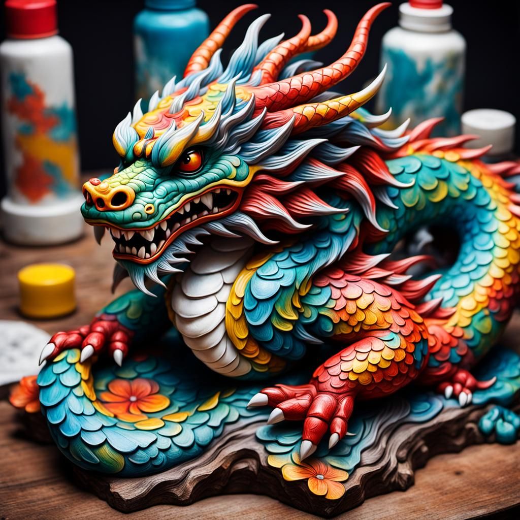 Hand-Painted Japanese Dragon Figurine: Graffiti Art Style