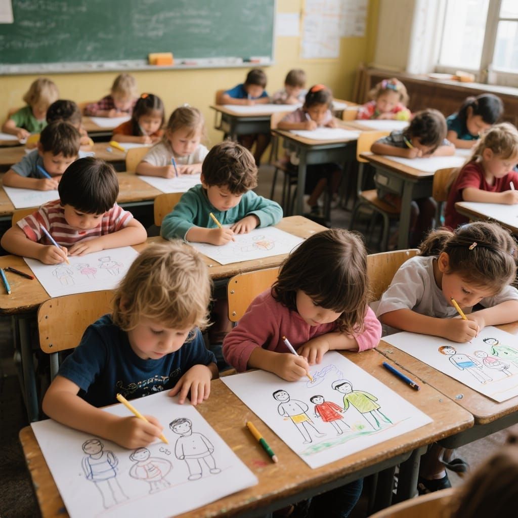 Children Drawing Family Pictures in Classroom