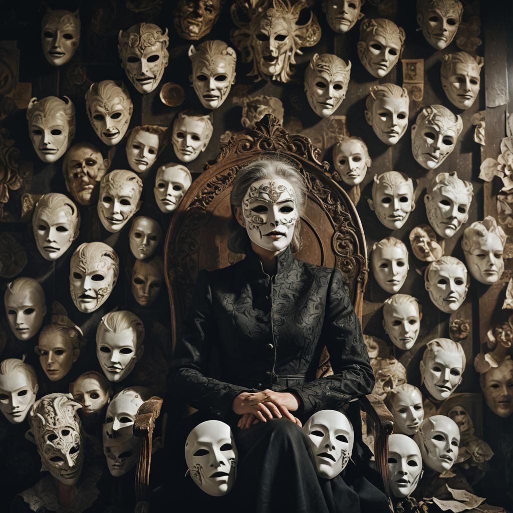 Dark Fantasy Portrait with Masks in Chiaroscuro
