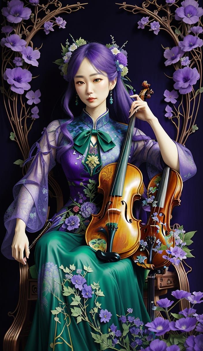 Woman Playing Violin in Surreal Flower Chair