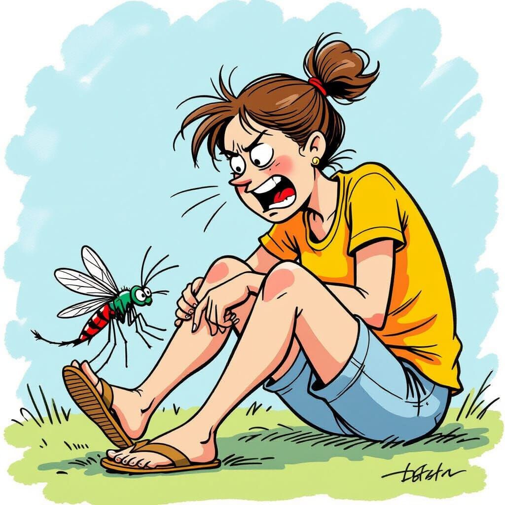 Comedic Mosquito Bite Scene in Playful Illustration Style