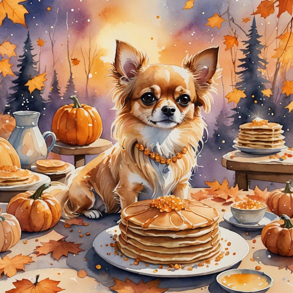 Whimsical Chihuahua with Pumpkin Pancakes Watercolor