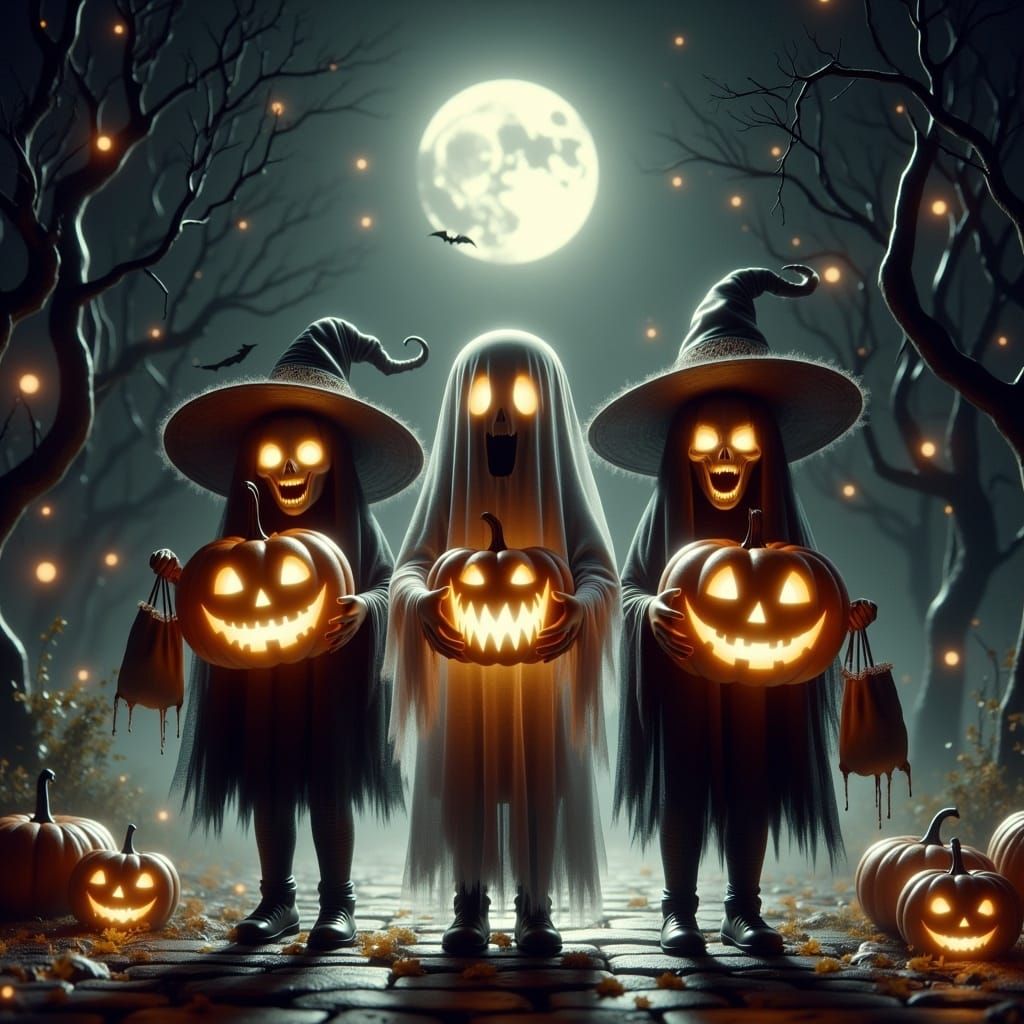 Halloween Night: Costumed Children on Spooky Porch