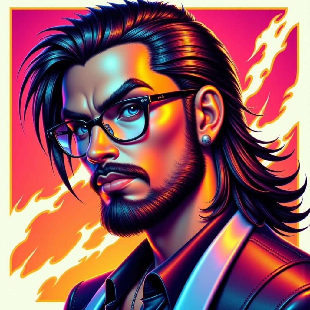 Muscular Man with Long Hair and Glasses in Hyperreal Style