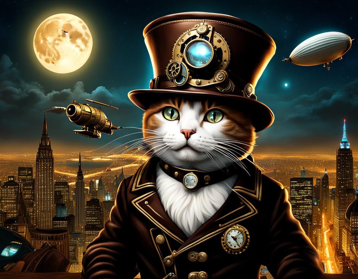 Steampunk Cat Airship Commander Under Moonlight