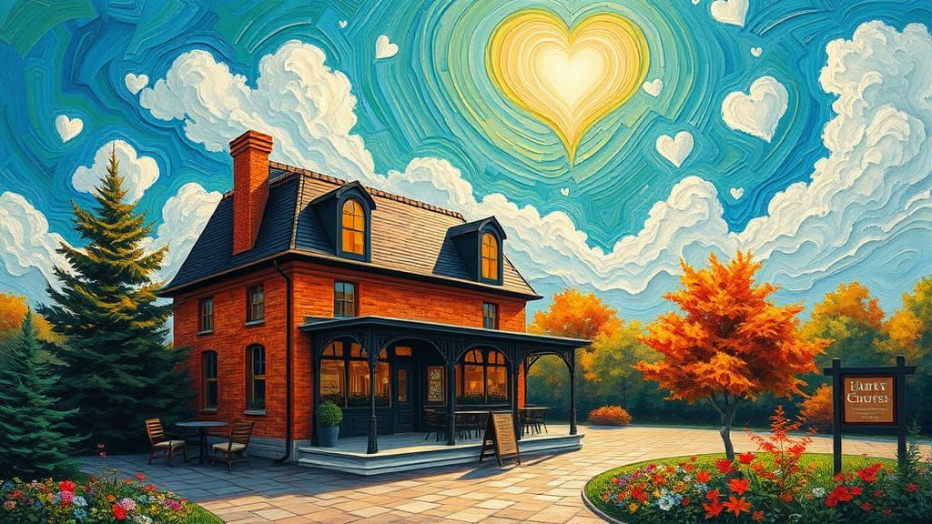 Dreamlike Victorian Coffee Shop in Surreal Sky