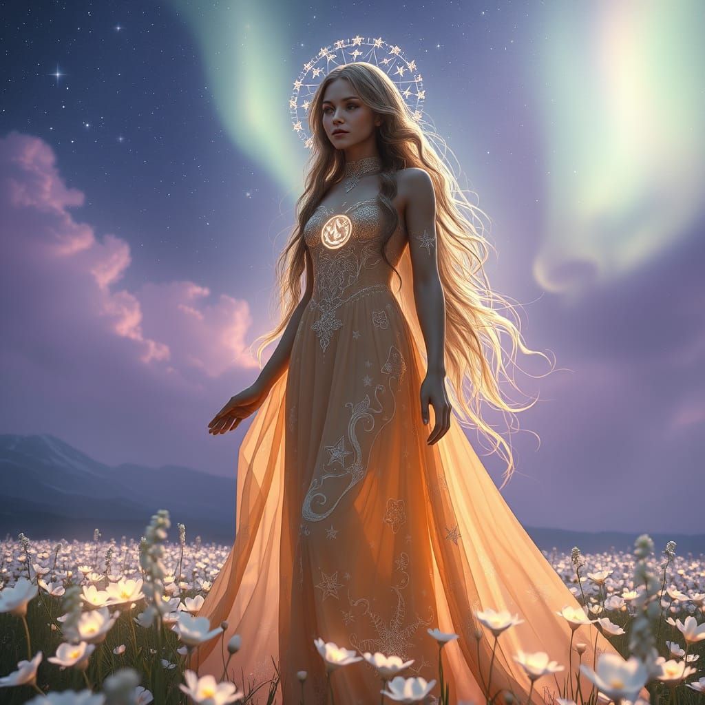 Aurora Goddess in Starry Field: Dark Fantasy Concept Art