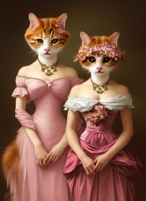 Anthropomorphic Cats in Ornate Pink Dresses