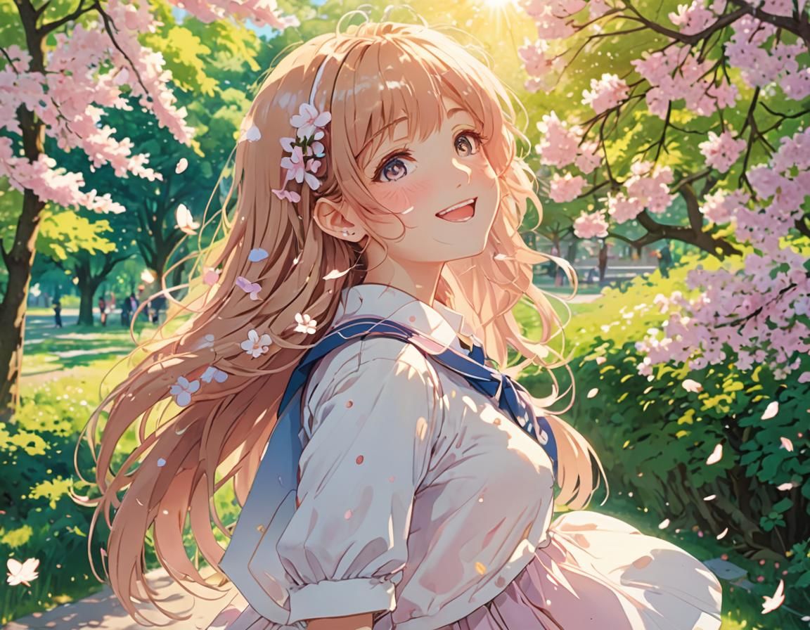 Smiling Schoolgirl in Sunlit Park: Pastel Anime Art