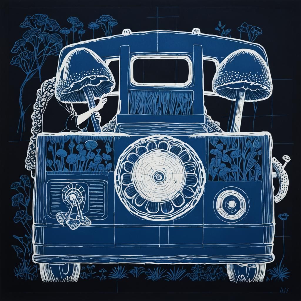 Italian Activists Tending Giant Mushrooms in Linocut Style