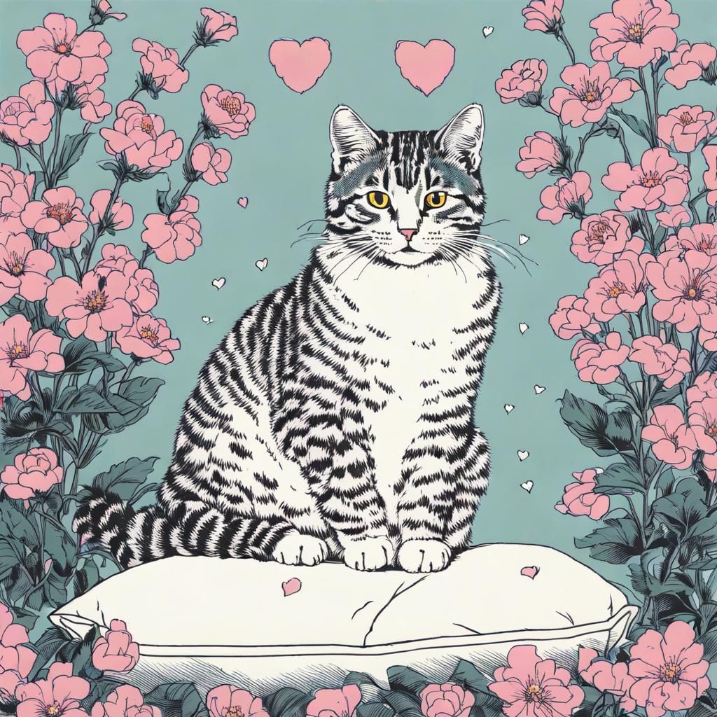 Cute Cat Surrounded by Flowers and Heart Lights