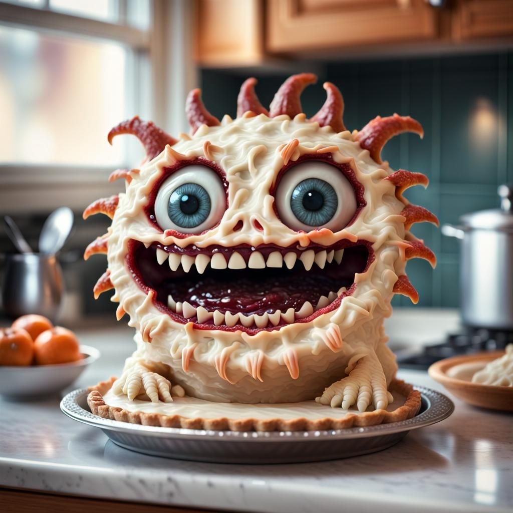 Adorable Monster Pie with Teeth: Hyperrealistic CGI