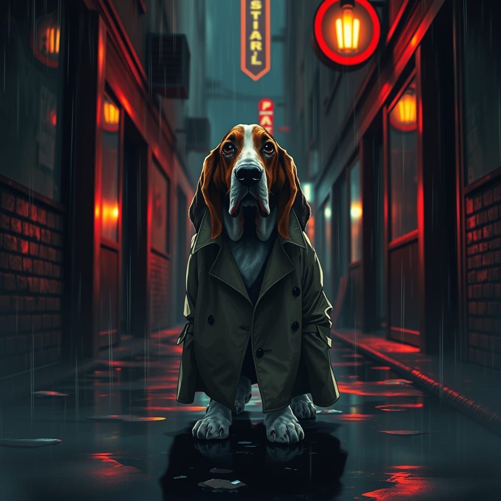 Basset Hound in Neon Alleyway Film Noir Style