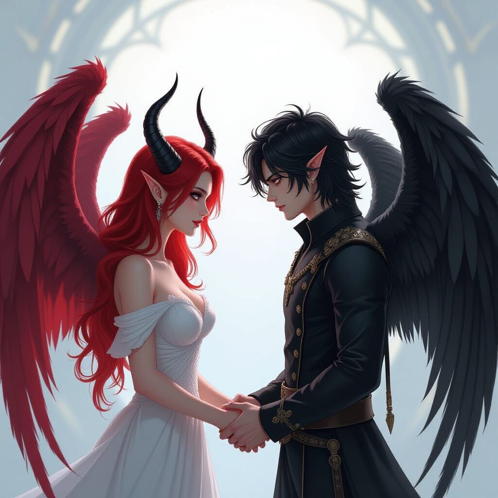 Angelic Embrace: Demon and Angel Holding Hands