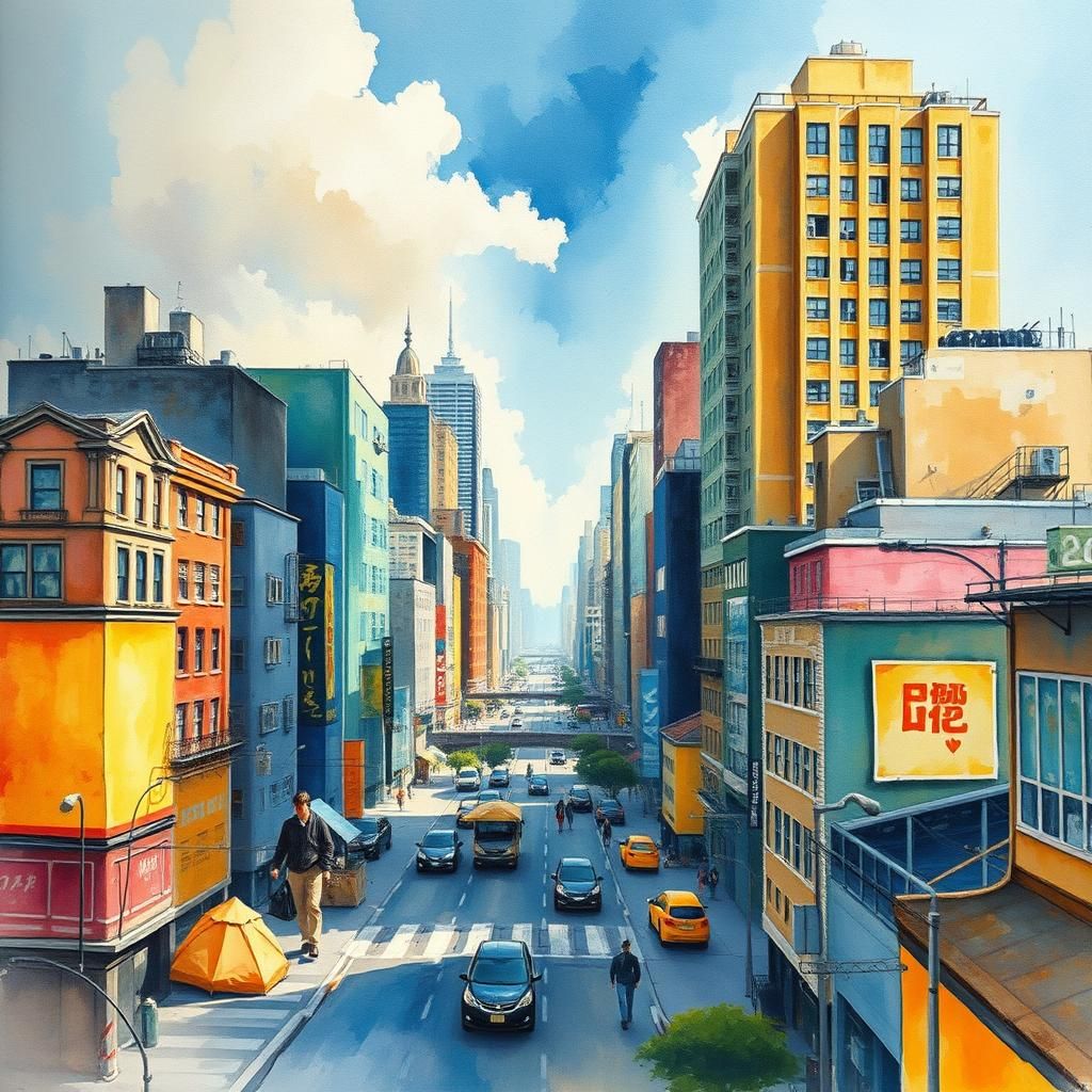 Diffuse Stadthorizonte in aquarellhaften Farben, die sanft i...