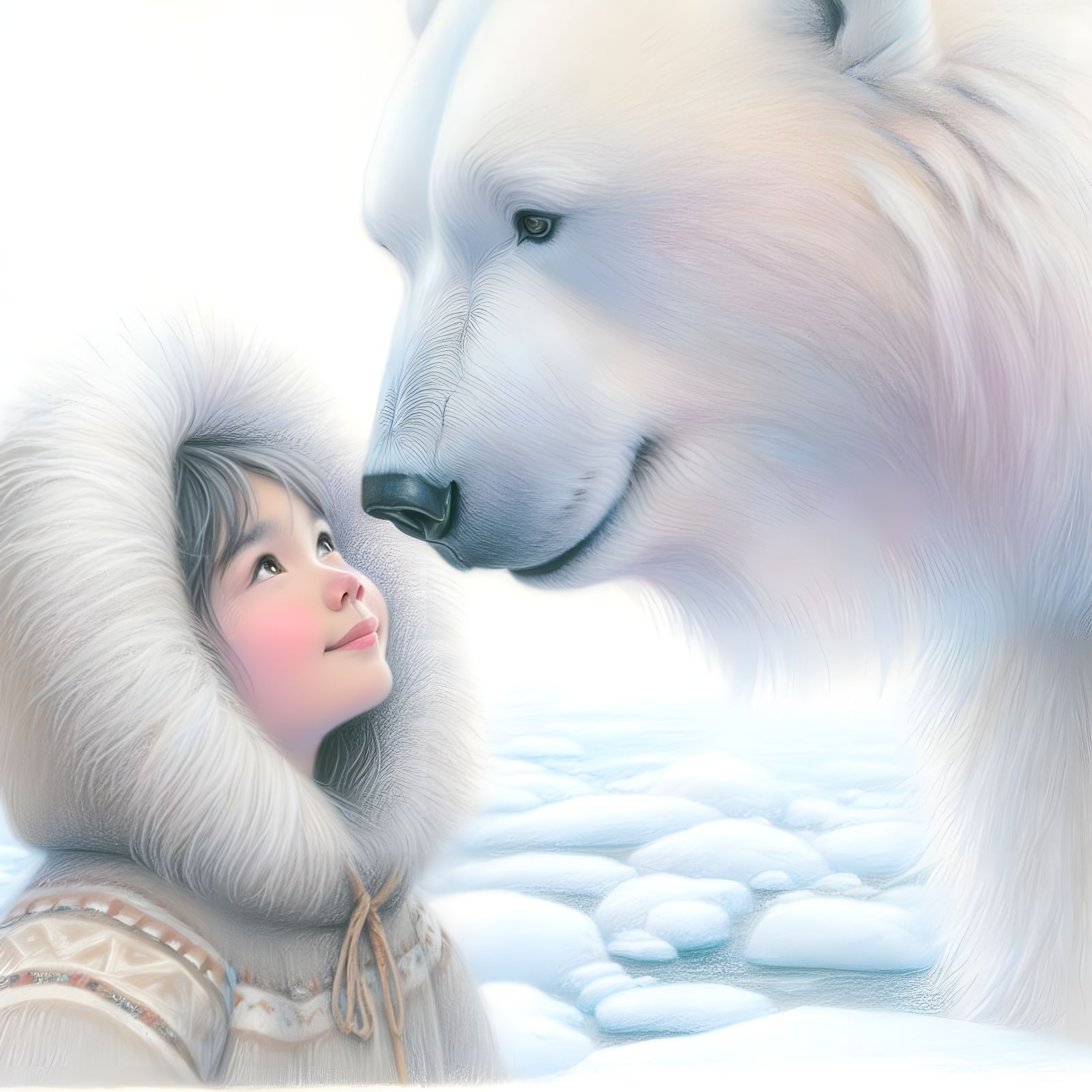 Delicate Colored Pencil Portrait of Inuit and Polar Bear in...