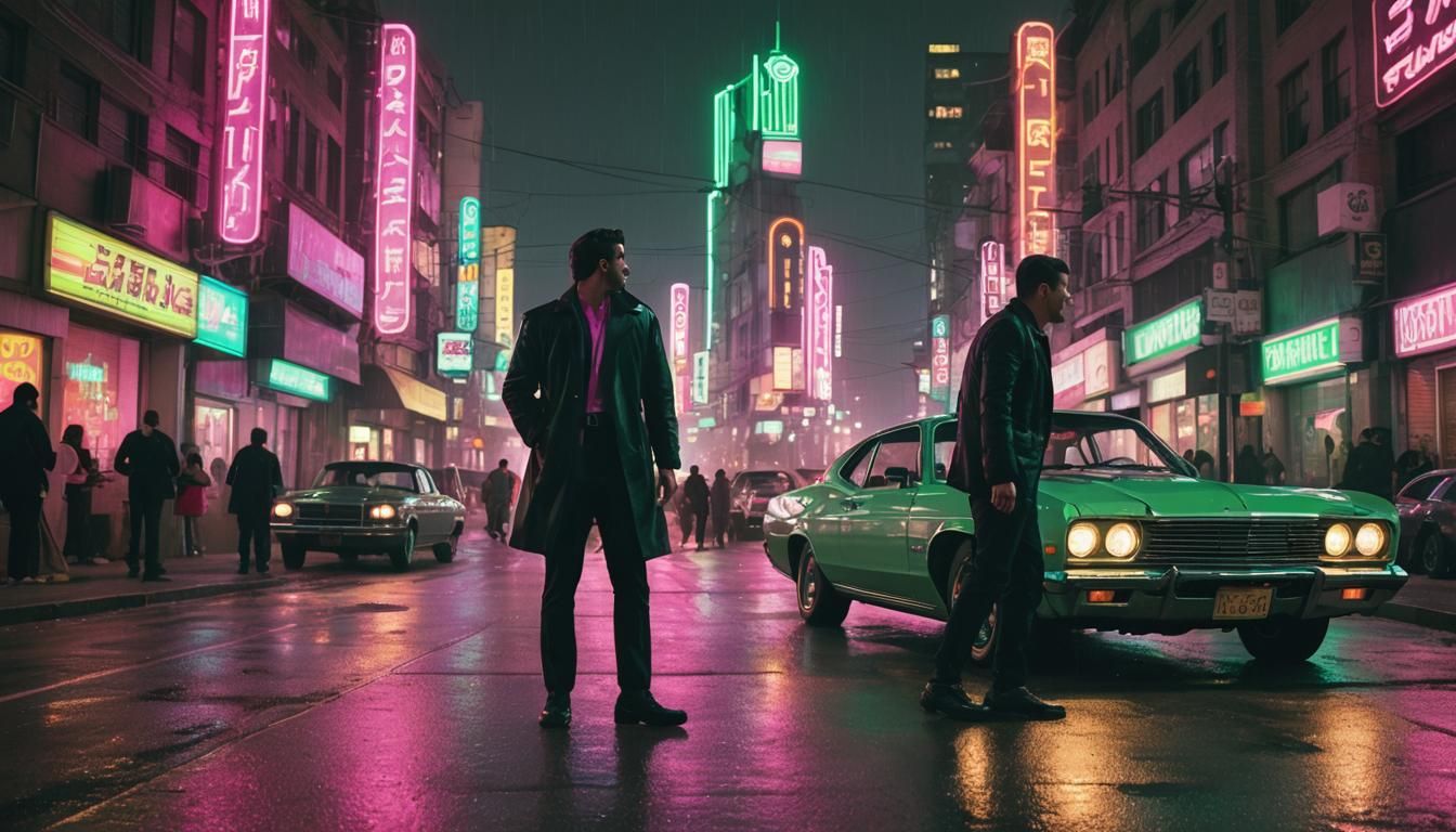 High-Octane Argument in Retrofuturistic Neon Cityscape