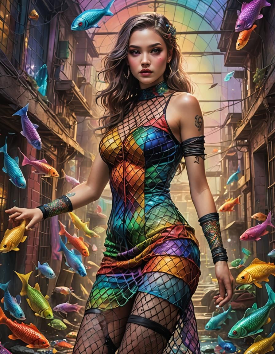 Lady in Rainbow Fishnet Dress: Fantasy Concept Art