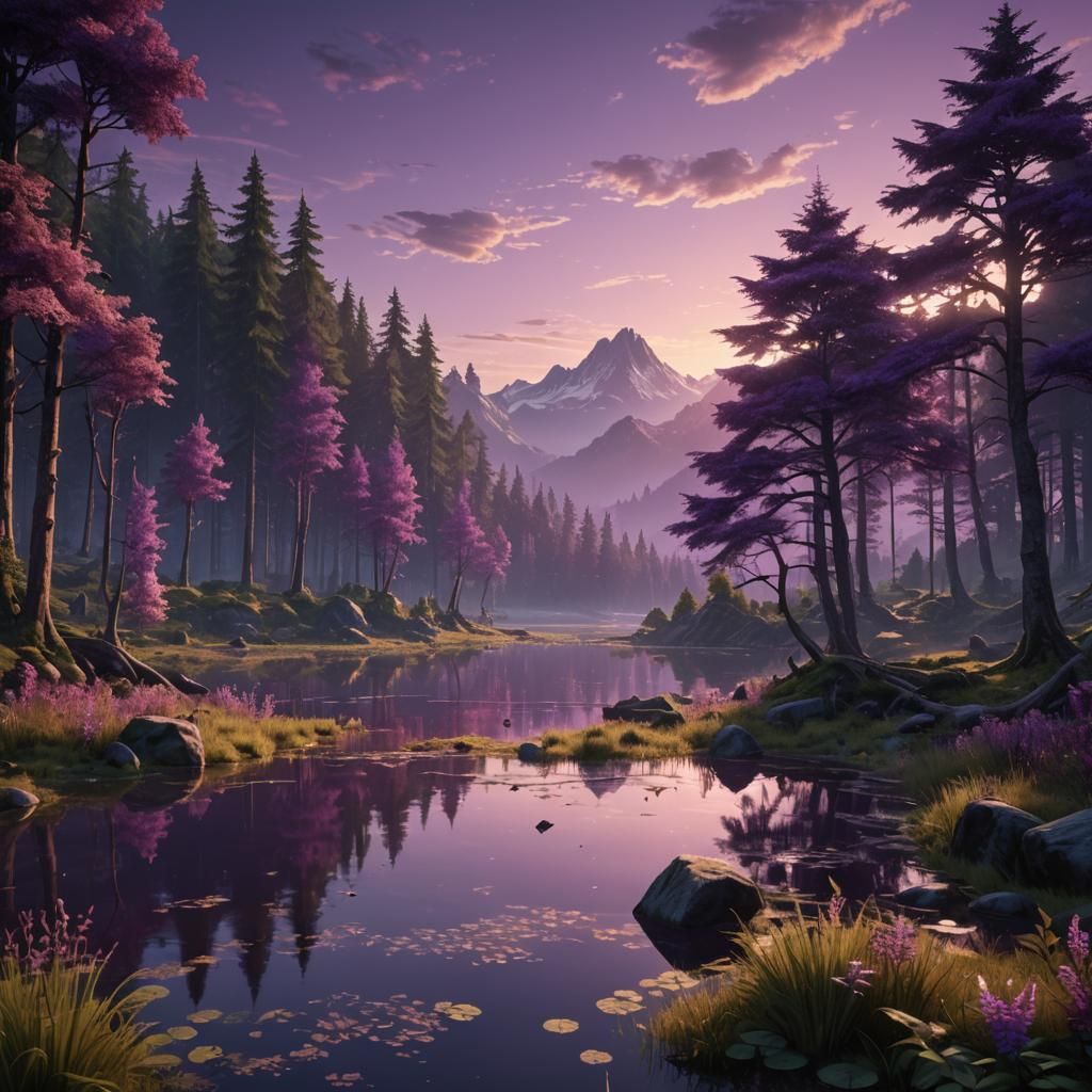 Purple Sunset Over Loch Ness, Fantasy Matte Painting