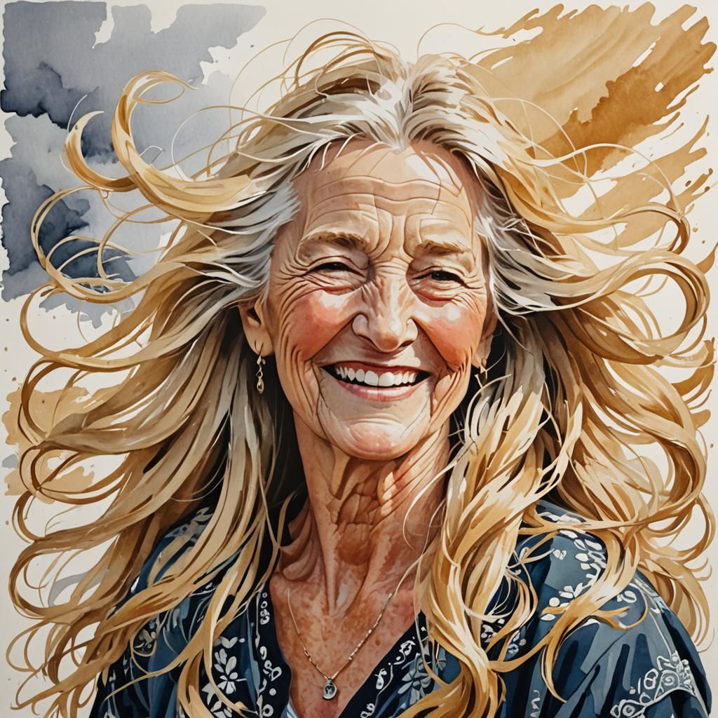 Happy Older Woman with Windswept Hair in Gouache