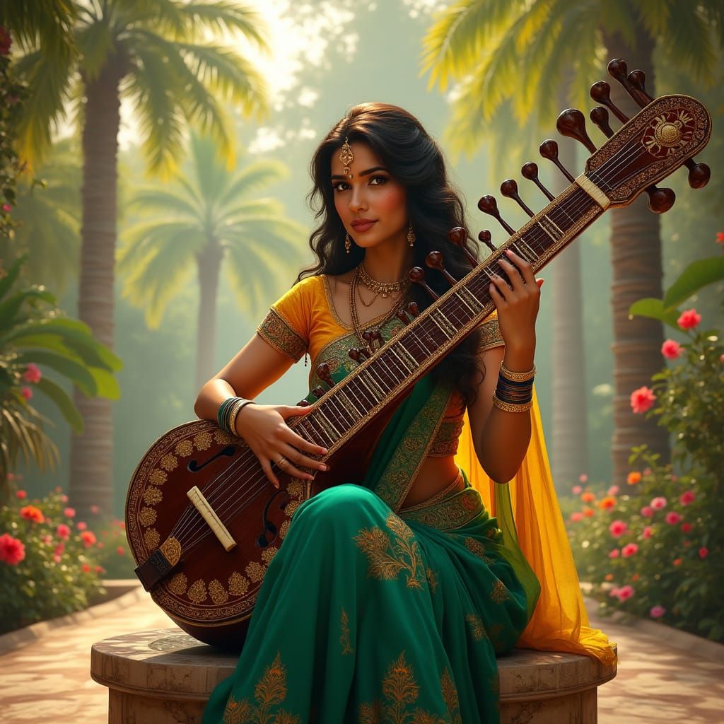 Exotic Indian Sitar Player in a Tropical Garden