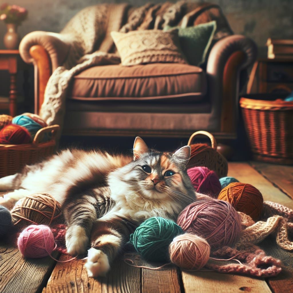 Cat Sprawled Among Wool in Cosy Room