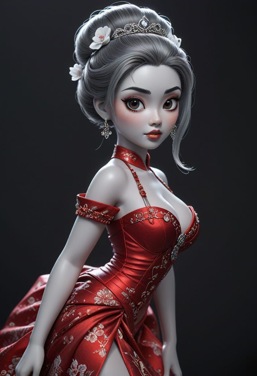 Dark Fantasy Yokai Princess Pinup in Grayscale