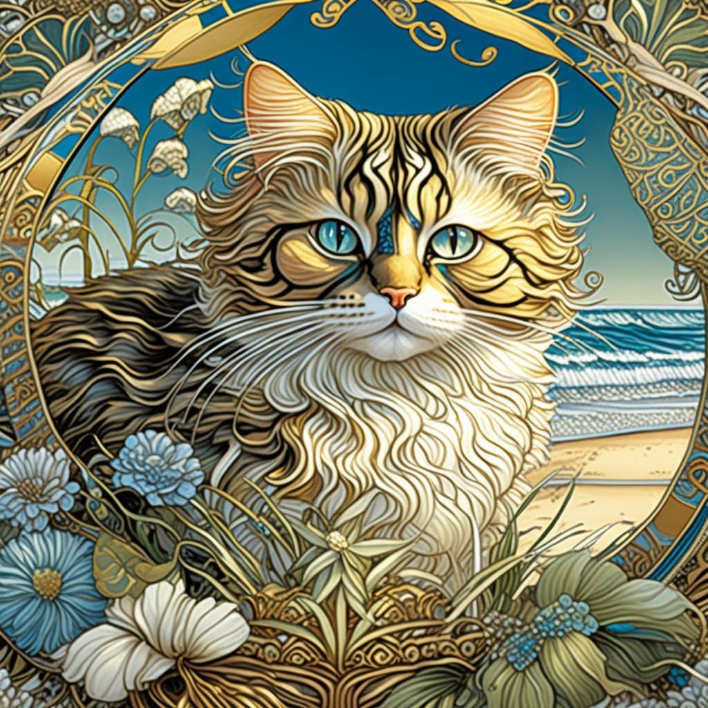Fluffy Cat at the Beach in Surrealist Style